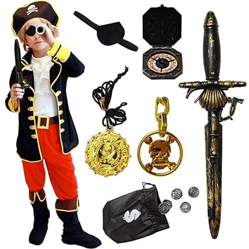 ENEEVA Piratenkostüm Kinder, mit Piratenhut, Piraten Kostüm zubehör, Piraten Augenklappe, Piraten Dolch, Kompass, Goldmünze, für 120cm-140cm von ENEEVA
