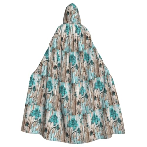ENGhjes Blaugrüne Blume auf Holzplanken-Druck, Cosplay, Kapuzenumhang, Erwachsene, Halloween, 140 cm lang, Themenpartys von ENGhjes