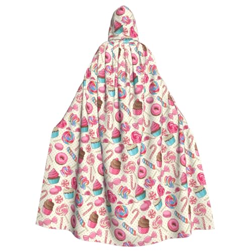 ENGhjes Farbenfroher süßer Lutscher-Cupcake-Donut-Druck, Cosplay, Kapuzenumhang für Erwachsene, Halloween, 140 cm lang, Themenpartys von ENGhjes