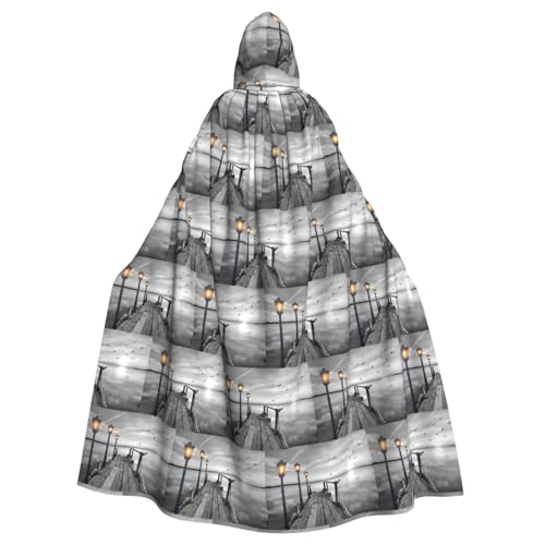 ENGhjes Schwarz-weißer Strand-Pier-Druck, Cosplay, Kapuzenumhang für Erwachsene, Halloween, 140 cm lang, Themenpartys von ENGhjes
