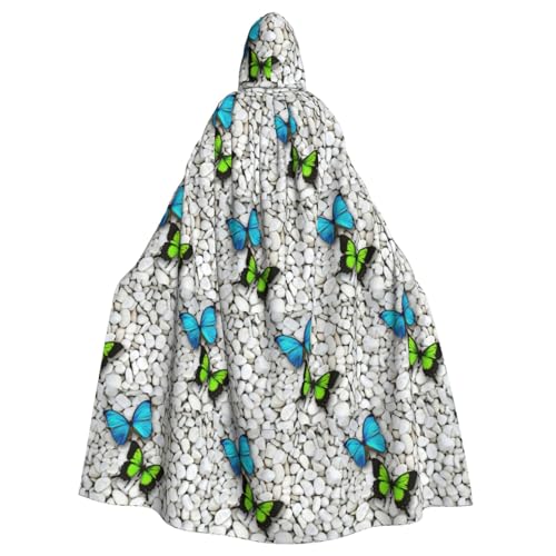 ENGhjes Umhang mit Kapuze für Erwachsene, Motiv: blauer Schmetterling, grüner Schmetterling und Steindruck, Cosplay, Halloween, 140 cm lang, Themenpartys von ENGhjes