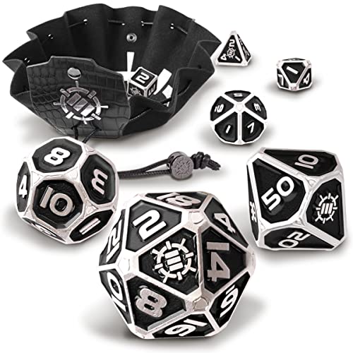 ENHANCE Würfelset aus Metall – 7 polyedrische Würfel mit 2-in-1-Würfeletui und Würfeltablett aus veganem Leder, Würfel aus massivem Metall für Dungeon and Dragon RPG (Schwarze Sammleredition) von ENHANCE