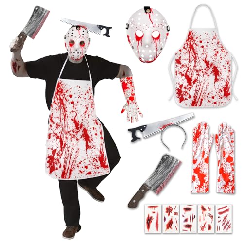 ENHZHIC Halloween Kostüm Herren - Metzger Set Mit Blutiger Schürze, Horror-Accessoires für Karneval Party (Weiß) von ENHZHIC