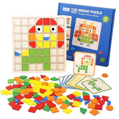 ENIKMOSD Mosaik Holzpuzzle,120PCS Form Holz Kinder Puzzle,Holz Mosaik Spiel,Geometrische Formen Puzzle Bausteine Montessori Spielzeug Lernspielzeug Für Kinder Mädchen und Jungen ab 3 Jahre von ENIKMOSD