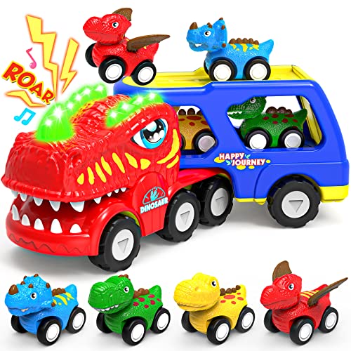ENJSD Dinosaurier-LKW-Spielzeug ab 1 2 3 4 Jahren mit Brüllen Sound & Lichter, T-Rex Autotransporter Geschenke für Kinder Junge Mädchen Kleinkinder mit 4 Pull Back Dino Spielzeugautos von ENJSD