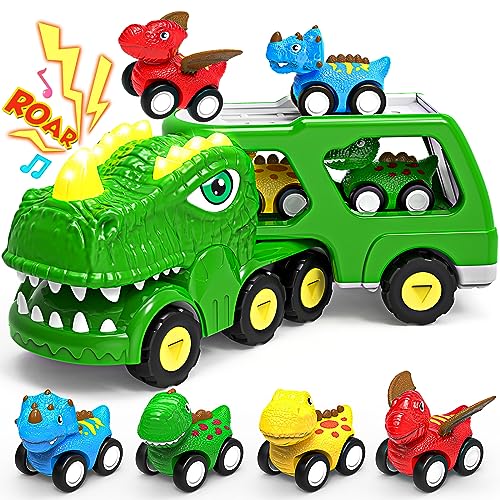 ENJSD Dinosaurier Spielzeug ab 2 3 4 5 Jahre, 5 in 1 Dino LKW für Junge Mädchen mit Brüllen Sound & Lichter, Reibungsbetrieben Autotransporter, Geschenke Truck für Kleinkinder Baby Jungen von ENJSD