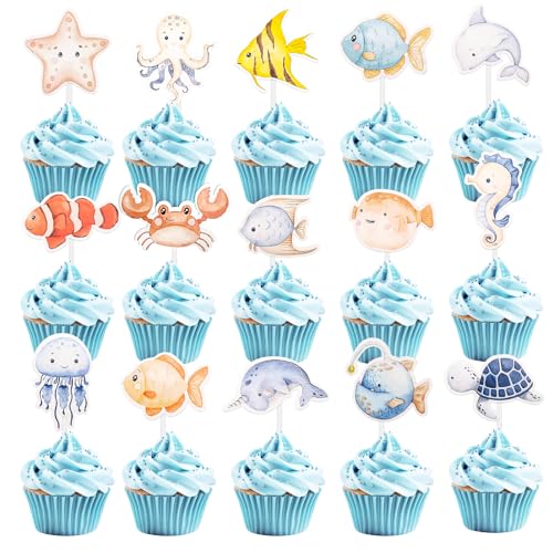 ENLACE 36 Stück Meerestiere Cupcake Topper,Ozean Thema Tortendeko Geburtstag,Unterwasserwelt Deko Kuchen,Fisch Muffin Deko Seepferdchen Cupcake Deko für Geburtstag Taufe Baby Shower von ENLACE