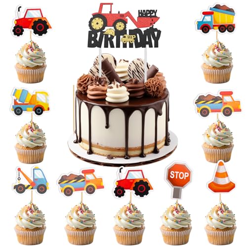 ENLACE Bagger Tortendeko Baustelle,13 Stück Bagger Kuchen Deko,Happy Birthday Tortendeko Kindergeburtstag,Baufahrzeug Cupcake Topper,Traktor Cake Topper Geburtstag für Mädchen/Junge von ENLACE