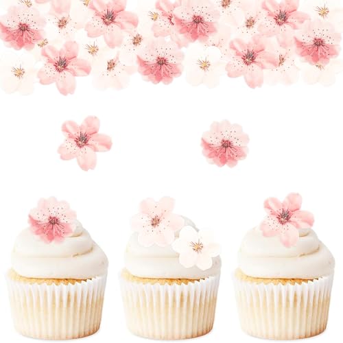 ENLACE Kirschblüten Tortendeko Blumen Essbar,48 Stück Kirschblüten Cupcake Deko,Essbare Blumen für Torte,Essbare Blüten Tortendeko Hochzeit,Esspapier Blüten Deko Torte Geburtstag Kuchen Deko Essbar von ENLACE