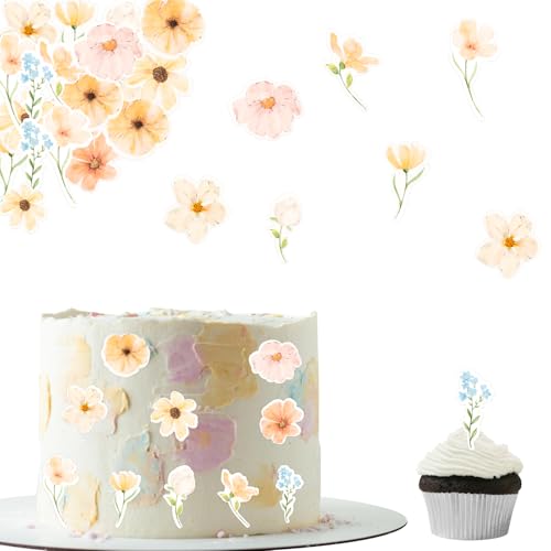 ENLACE Wildblumen Essbar für Torte, 44 Stück Boho Tortendeko Blumen Essbar, Essbare Blumen für Torte, Essbare Blüten Torten Deko, Esspapier Blüten Cupcake Deko für Geburtstag Hochzeit Babyparty von ENLACE