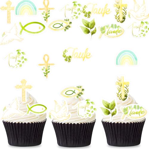 ENLACE Cupcake Topper Taufe Tortendeko Essbar,48 Stück Esspapier Taufe Deko Torte,Kreuzen Kuchen Deko Essbar,Essbare Tortendeko Kommunion,Kreu Kuchendeko Mädchen Junge,Fisch Muffin Topper von ENLACE
