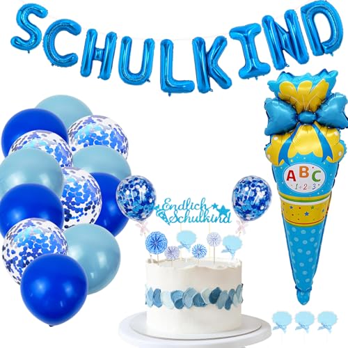 ENLACE Schulkind 2025 Deko Einschulung Junge,Einschulung Deko,Schulkind Girlande,12 Tortendeko Schulanfang,Zuckertüte Folienballon,12 Luftballondeko Schulanfang für Schuleinführung Einschulungsfeier von ENLACE