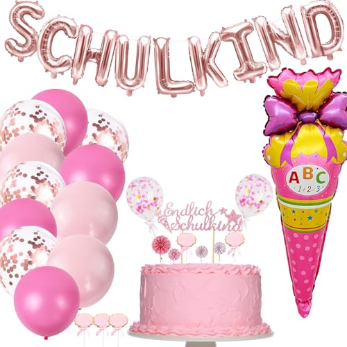ENLACE Schulkind Deko Einschulung Mädchen,26 Stück Einschulung Deko 2025 Set,SCHULKIND Girlande+Zuckertüten Schulanfang Folienballon+12 Luftballon+12 Endlich Schulkind Tortendeko für Schuleinführung von ENLACE