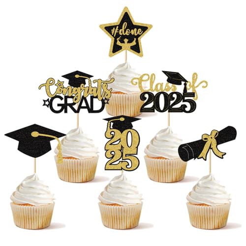 ENLACE Abschluss Tortendeko Graduation Cupcake Toppers,24 Stück Grade Cap Kuchendeko Schwarz Gold,Abschluss 2025 Deko Torten,Glitzer Graduation Congratulation Tortendeko Abitur 2025,Prüfung Bestanden von ENLACE