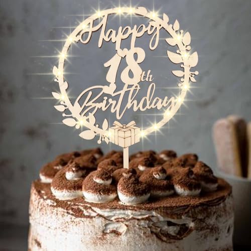 ENLACE Tortendeko 18. Geburtstag für Mädchen und Junge - Holz Cake Topper mit LED - Happy 18th Birthday Kuchendeko - Torten Topper von ENLACE