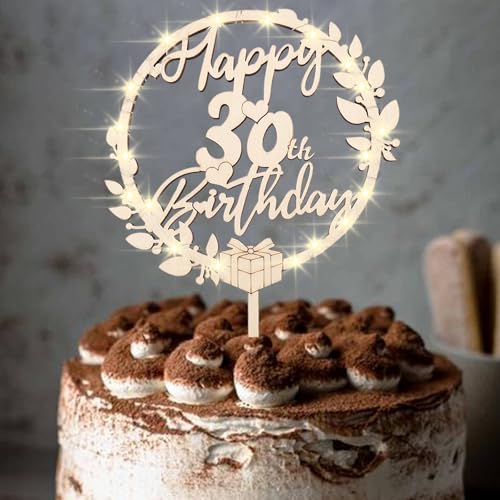 ENLACE Cake Topper 30 Geburtstag Holz,Tortendeko 30 Geburtstag Mann Frau, Torten Topper 30 Geburtstagdeko mit LED Lichterkette,Happy 30th Birthday Deko Torten,Kuchendeko 30. GeburtstagFrauen Männer von ENLACE