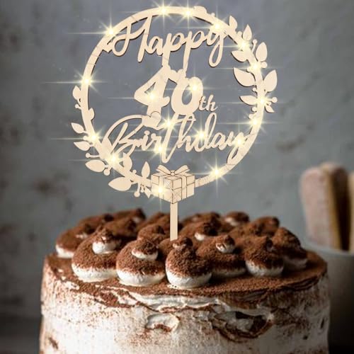 ENLACE Tortendeko 40. Geburtstag Mann Frau Holz, Cake Topper mit LED, Happy 40th Birthday Deko Torte, Torten Topper 40 Jahre von ENLACE