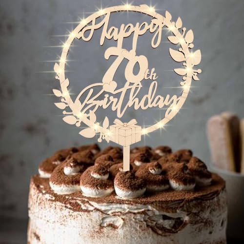 ENLACE 70 Geburtstag Tortendeko Holz,Cake Topper 70 Geburtstag mit LED Lichterkette,Torten Deko 70Geburtstag Frau Mann,70er Geburtstagdeko,Happy 70th Birthday Kuchendeko,Topper für Torte 70 Jahre von ENLACE