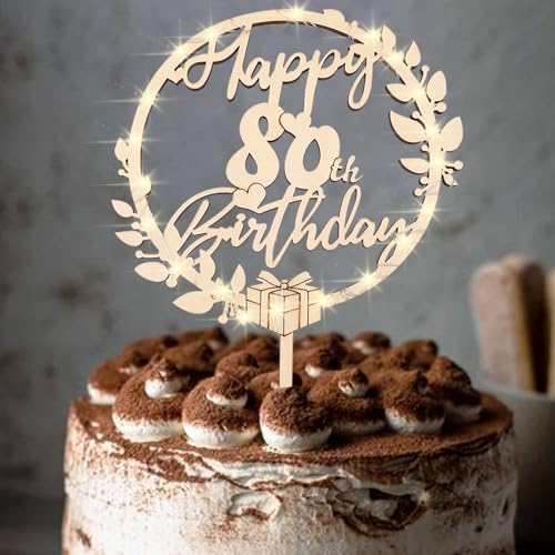 ENLACE Cake Topper 80 Geburtstag mit LED Lichterkette,Torten Deko 80. Geburtstag Frau Mann,80 Geburtstagtortendeko,80 Geburtstagdeko Holz,Kuchendeko 80 Jahre,Happy 80th Birthday Topper zum 80 von ENLACE