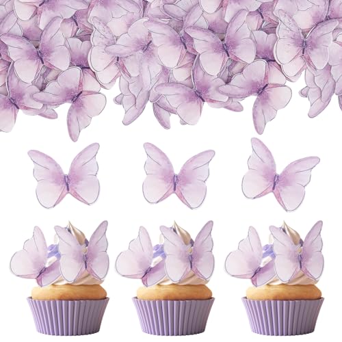 ENLACE Schmetterling Tortendeko Essbar,48 Stück Essbare Schmetterlinge für Torte,Esspapier Tortendeko,Essbare Cupcake Toppers Hochzeit,Kuchen Deko Mädchen,Lila Schmetterlinge Muffin Deko Taufe von ENLACE