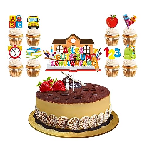 ENLACE Schulanfang Tortendeko, 9 Stück Tortendeko Einschulung, Cupcake Topper Dekorationen Kuchendeko Schulanfang, für Junge Mädchen 1. Schultag Schulanfang Party Deko von ENLACE