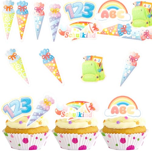 ENLACE Schulkind Tortendeko Einschulung Kuchen Deko Essbar,48 Stk Cupcake Topper Einschulung,Tortendeko Esspapier Schulkind 2025,Kuchendeko Schulanfang Zuckertüte ABC 123 Muffin Deko Mädchen Junge von ENLACE