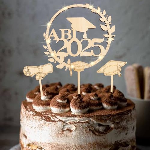 ENLACE Abschluss Tortendeko ABI 2025 aus Holz, 3 Stück Graduation Cake Topper mit LED, Congratulations Cake Topper, Abschluss Deko Torten, Tortendeko Prüfung Bestanden für Abschlussfeier von ENLACE