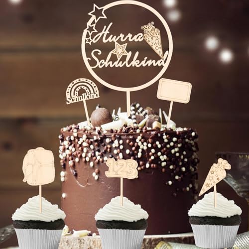 ENLACE Hurra Schulkind Tortendeko Einschulung, 6 Stück Holz Cake Topper Einschulung, Kuchendeko Schulanfang, Cake Topper Schulkind 2025 Mädchen Junge, Zuckertüte 123 Tortendeko Schuleinführung von ENLACE