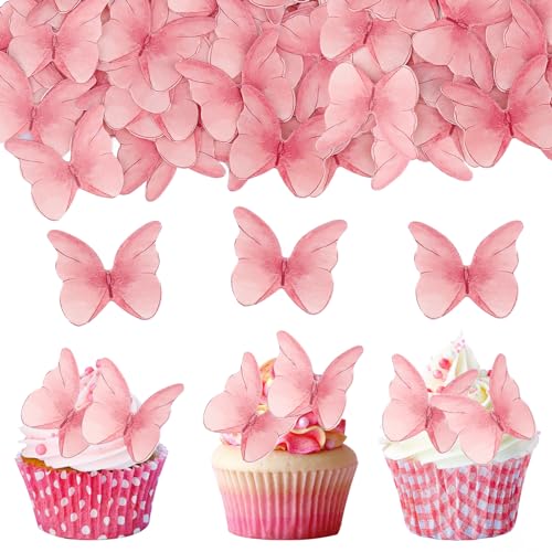 ENLACE Tortendeko Essbare Schmetterlinge für Torte,48 Stück Rosa Schmetterlings Tortendeko Geburtstag,Cupcake Toppers Essbar Schmetterlinge Deko Torte für Hochzeit,Kuchen Deko Mädchen von ENLACE