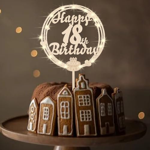 ENLACE Tortendeko 18. Geburtstag Junge Mädchen Holz, Cake Topper mit LED Lichterkette, Happy 18th Birthday Kuchendeko, Deko für Torte, Kuchen Topper 18 Jahre von ENLACE