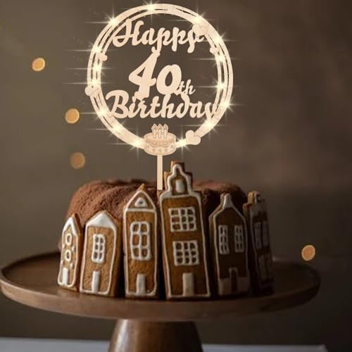 ENLACE Tortendeko 40. Geburtstag Mann Frau, Cake Topper Holz Mit LED Lichterkette, Happy 40th Birthday Topper, Kuchendeko Für Männer Und Frauen von ENLACE