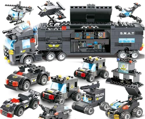 ENPUSI Polizeiauto Bausteine Bausatz, 647 Teile 8In1 City Polizei SWAT Bausteine Bauset Modell Polizeiwagen Hubschrauber Spielzeug für Kinder von ENPUSI