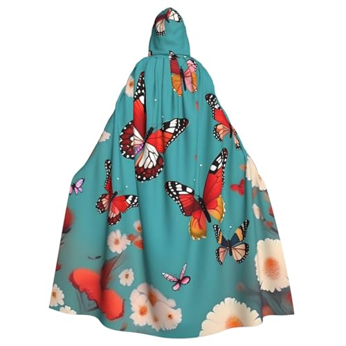 Unisex Erwachsene Henne fliegende Schmetterlinge unter Blumen Druck langer Kapuzenumhang Cosplay Kostüme für Partys und Themenveranstaltungen von ENRPTY