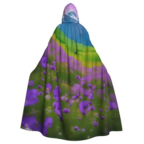 Unisex Erwachsene Natur Lila Blumen Wiese Berg Scenic Print Lange Kapuzenumhang Cosplay Kostüme für Partys und Themenveranstaltungen von ENRPTY