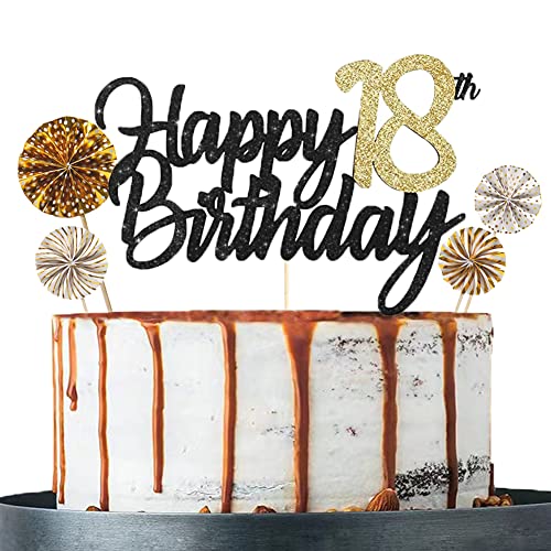 Tortendeko 18 Schwarzes Gold set Doppelseitiges Glitzerpapier Happy Birthday Cake Topper für Geburtstag Deko 18 von ENSTAB