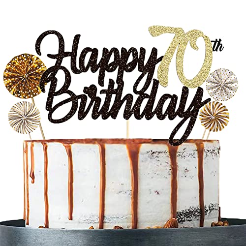 Tortendeko 70 Schwarzes Gold set Doppelseitiges Glitzerpapier Happy Birthday Cake Topper für Geburtstag Deko 70 von ENSTAB