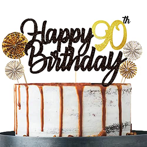 Tortendeko 90 Schwarzes Gold set Doppelseitiges Glitzerpapier Happy Birthday Cake Topper für Geburtstag Deko 90 von ENSTAB