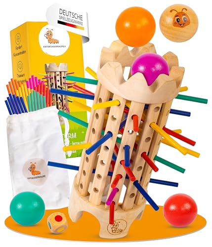 Fallturm|Holzspielzeug ab 3 Jahre|Motorikspiel für Kinder|Lernspiel mit Kugeln und Stäbchen|Fördert Logik und Sozialverhalten|Pädagogisches Spiel|Nachhaltig aus Gummibaumholz|1-4 Spieler von ENTDECKERRAUPE