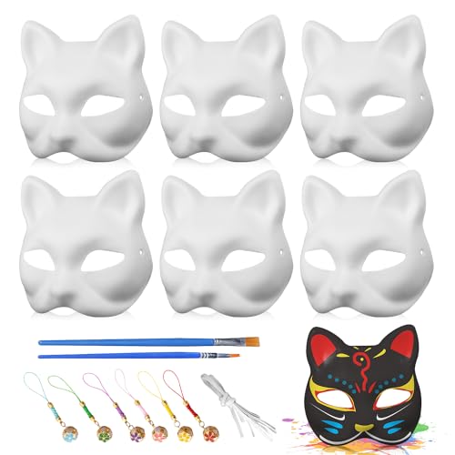 ENUTROF Katzenmaske Weiß Maske Handgemalte 6Stk DIY Weiße Papier Maske Papiermasken zum Bemalen Katze für Karneval Cosplay Geburtstag Maskenball Halloween Party Deko von ENUTROF