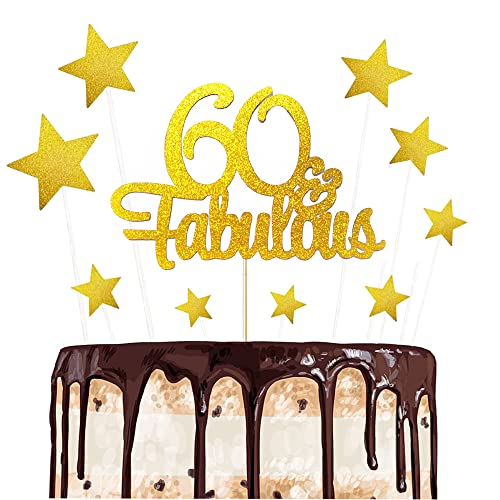 ENYACOS 60 Fabulous Cake Topper,Happy 60th Birthday Cake Topper Glitzer Cake Topper 60 Geburtstag Tortendeko,kuchendeko Geburtstag Jungen und mädchen, Gold tortendeko Geburtstag Herzen deko (60) von ENYACOS