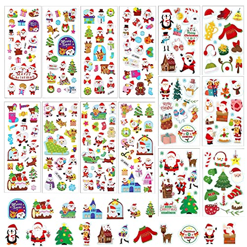 ENYACOS 3D Weihnachten Aufkleber für Kinder und Kleinkinder, Weihnachten Geschwollen Stickers, Weihnachtssticker Motiv Set, Selbstklebende Weihnachtsdeko Geschenk Aufkleber von ENYACOS