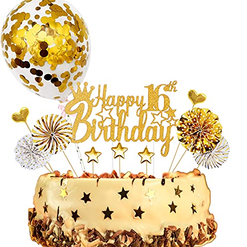 ENYACOS Cake Topper, Happy Birthday Tortendeko 16, Glitzer Geburtstag Kuchendeko, Gold Herzen Deko für Jungen (16 Gold) von ENYACOS
