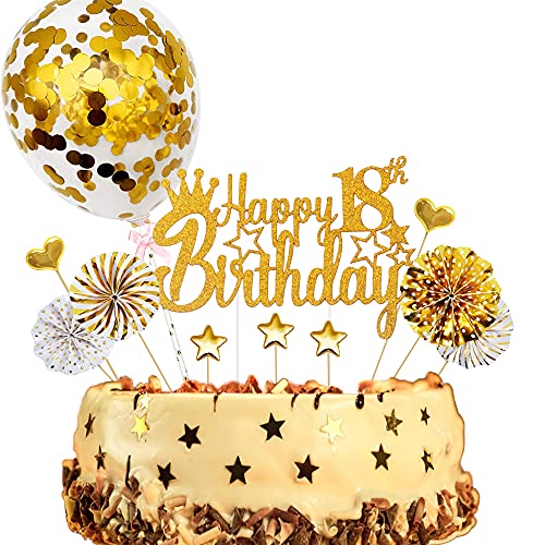 ENYACOS Cake Topper Happy Birthday 18, Glitzer Tortendeko Geburtstag, Kuchendeko Jungen, Gold Herzen Deko (18 Gold) von ENYACOS