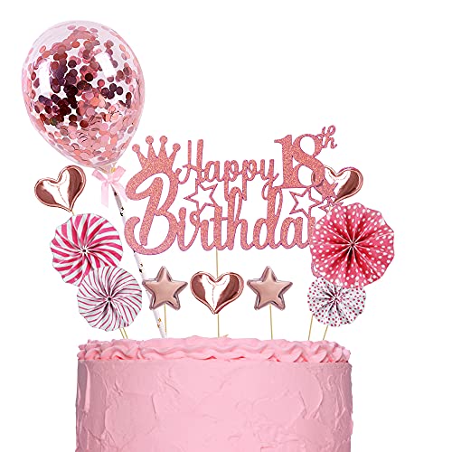 ENYACOS Cake Topper, Happy Birthday Tortendeko 18, Glitzer Cake Topper 18 Geburtstag, kuchendeko Geburtstag mädchen, Rosegold tortendeko Geburtstag mädchen Herzen deko(18Rose) von ENYACOS