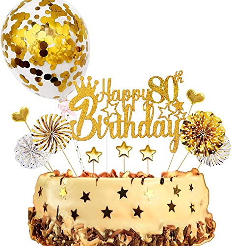 ENYACOS Cake Topper, Happy Birthday Tortendeko 80, Glitzer Geburtstag, Kuchendeko Jungen, Gold Herzen Deko (80Gold) von ENYACOS