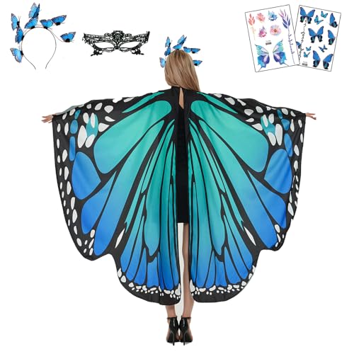 ENYACOS Damen Schmetterling Kostüm 4er Set mit Schmetterlingsflügel, Schmetterling Tattoo, Haarreif und Venezianische Maske für Fasching, Karneval, Erwachsene Frauen von ENYACOS