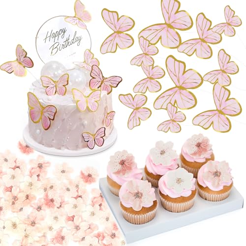 EOAMGO Tortendeko Essbare Blüte, Torten Deko Hochzeit Geburtstag 50 Essbar Kirschblüten Deko und 11 Schmetterling, Esspapier Tortendeko Blumen Kuchen Cupcake Deko Mädchen, Cake Topper Edible Flowers von EOAMGO