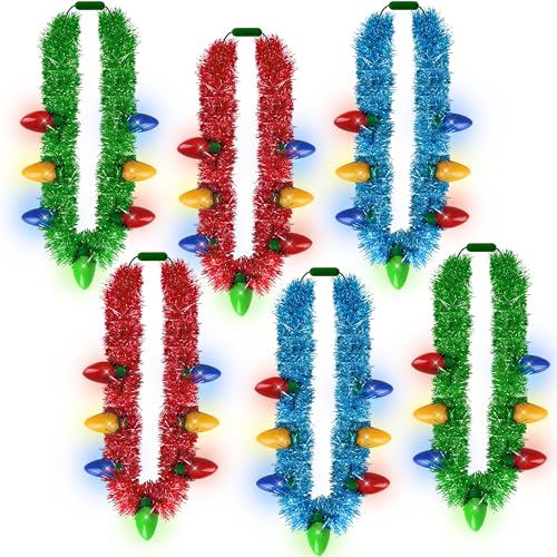 Weihnachts-Halsketten-Zubehör, 6 Stück Lametta-beleuchtete Weihnachtsketten, Zubehör, 7 Glühbirnen, rot, gelb, blau, grün, Partyzubehör, 3 Modi, Weihnachtsgeschenke, Gastgeschenke für hässliche von EOBOH