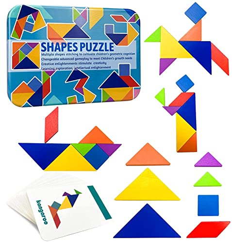 Tangrams Holzpuzzles Geometrische Formen Puzzle,Tangrams Kinder Montessori Geometrische Puzzle for Mädchen und Jungen ab 3 Jahr,Puzzle Tangram Pädagogisches Spielzeug mit 60 Designkarten 120 Muster von EOGRFW