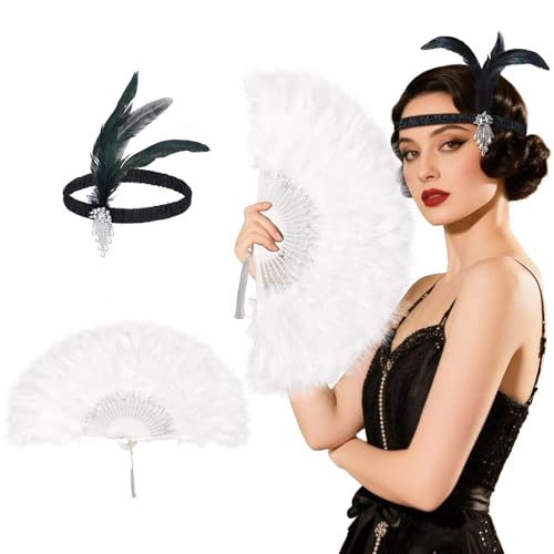 EOSAU 2 Packungen 1920er Flapper Accessoires für Frauen - Federfächer Stirnband Set für Vintage Hochzeit Tanzen Cosplay Kostüm Great Gatsby Zubehör (Weiß) von EOSAU